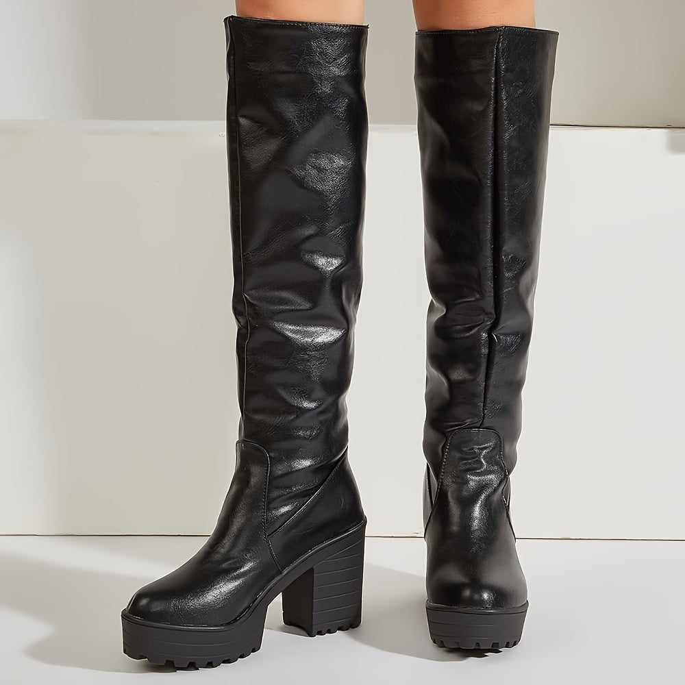 Stylish Women's Knee High Heeled Boots with Back Zipper - Solid Color Block Design for Fashionable Dressing MyFave Boutique