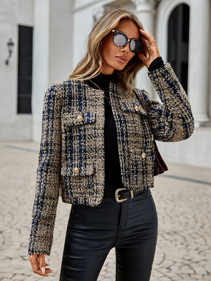 Elegant French Style Women's Plaid Tweed Jacket - 100% Polyester Crew Neck Buttoned Chic Short Coat with Faux Pockets, Regular Fit Non-Stretch Woven Fabric, Long Sleeve Casual Jacket for All Seasons MyFave Boutique