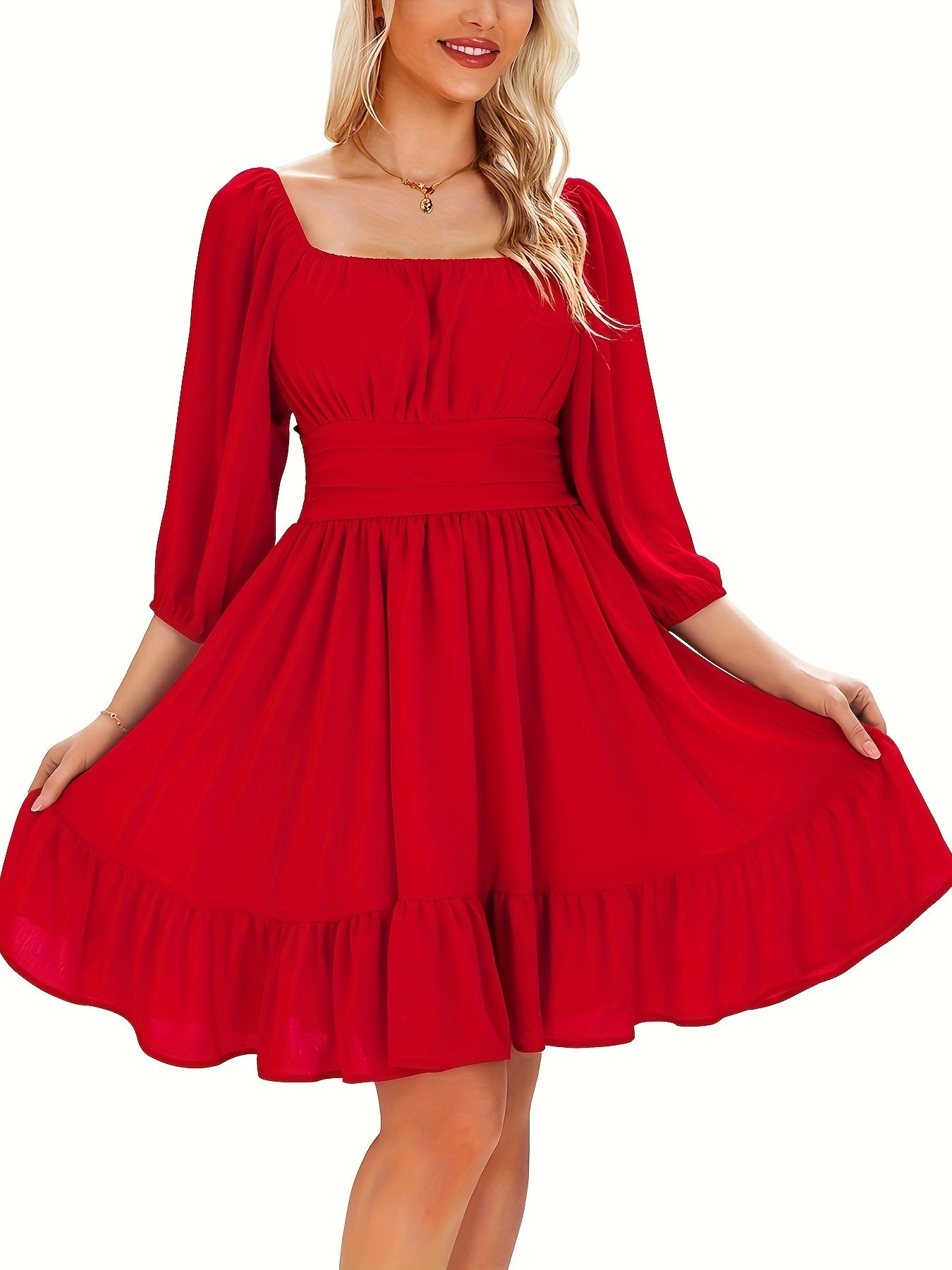 Square Neck Bow Backless Mini Dress with Cute Lantern Sleeves and Ruffle Hem - Women's Clothing MyFave Boutique