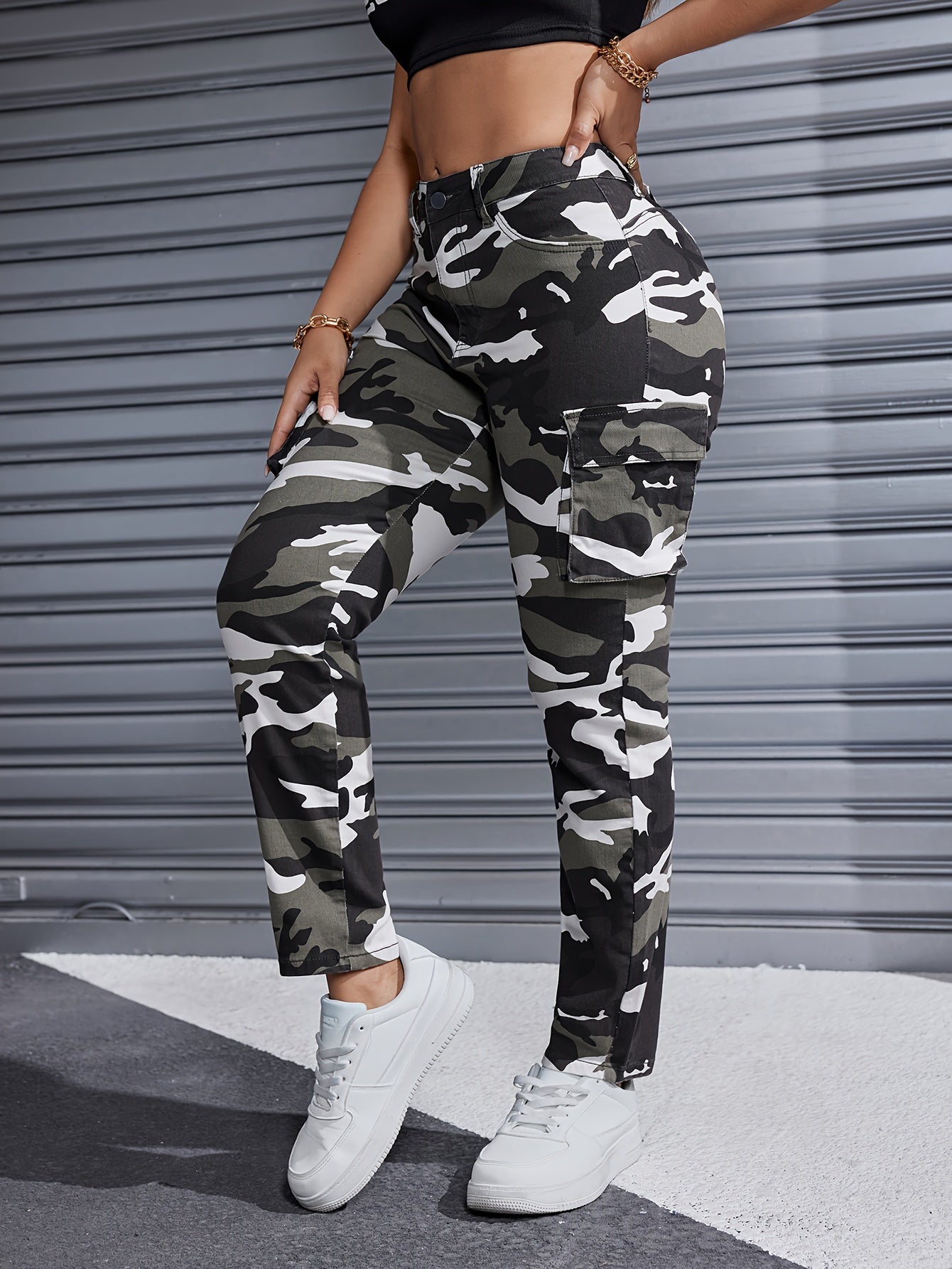 Camo Print Side Flap Pocket Streetwear Cargo Jeans Denim Pants, Women's Denim Jeans & Clothing MyFave Boutique