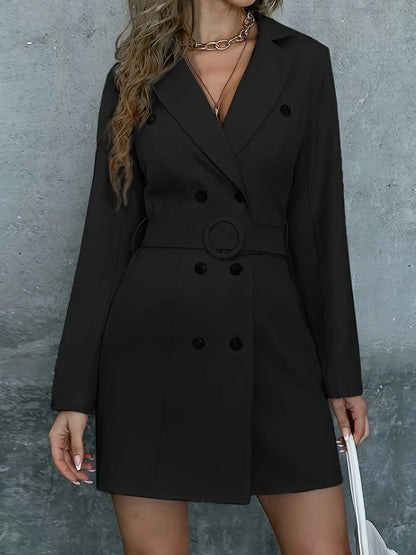 Solid Color Double Breasted Overcoat, Casual Long Sleeve Notched Lapel Belted Outerwear For Fall & Winter, Women's Clothing MyFave Boutique