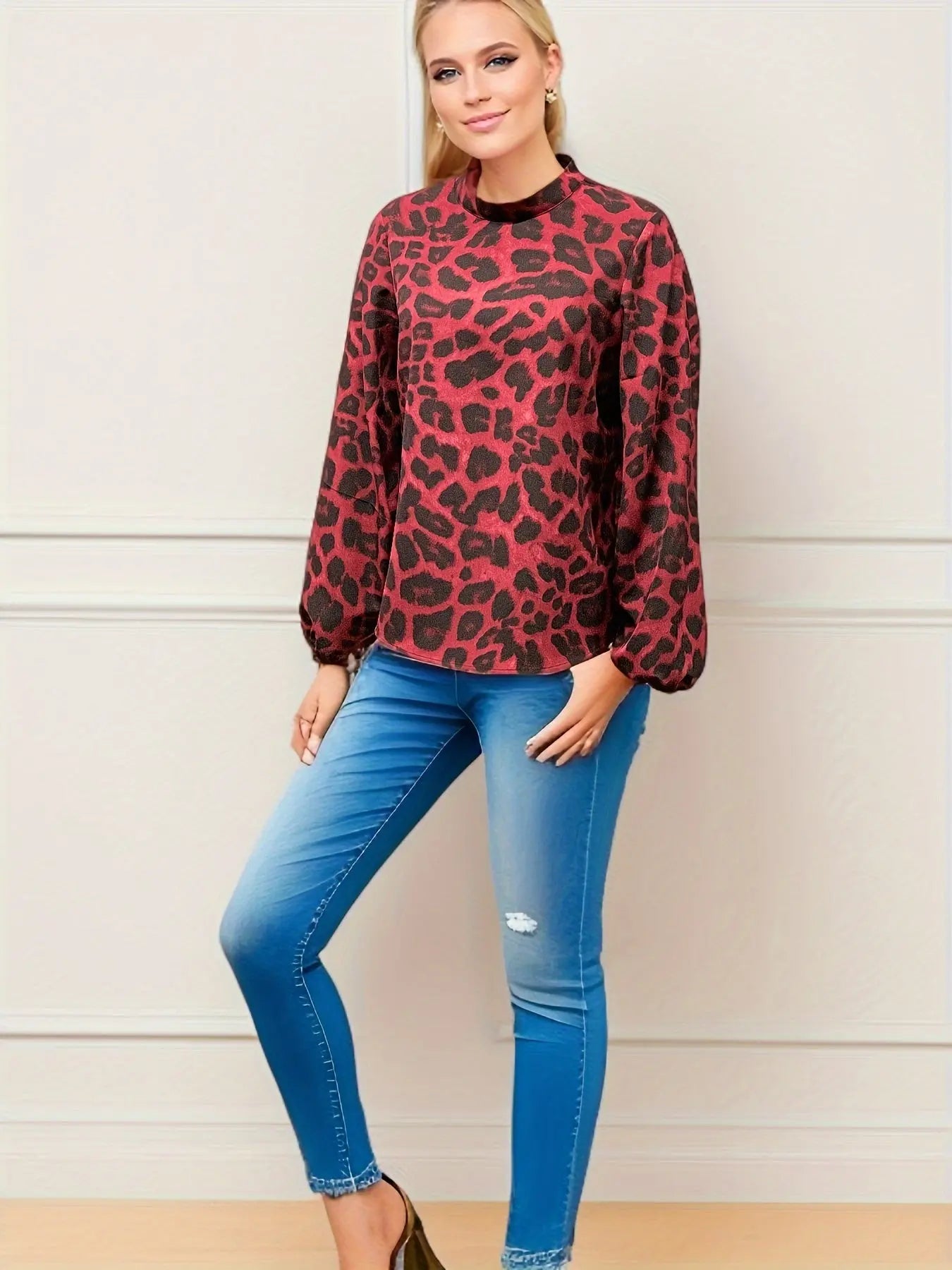 Leopard Print Mock Neck Blouse, Casual Long Sleeve Blouse For Spring & Fall, Women's Clothing MyFave Boutique