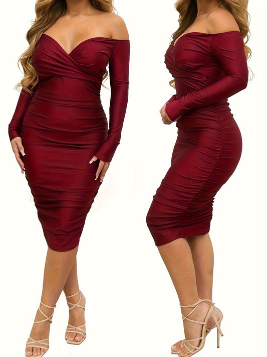 Women's Sexy V Neck Off Shoulder Ruched Bodycon Dress MyFave Boutique