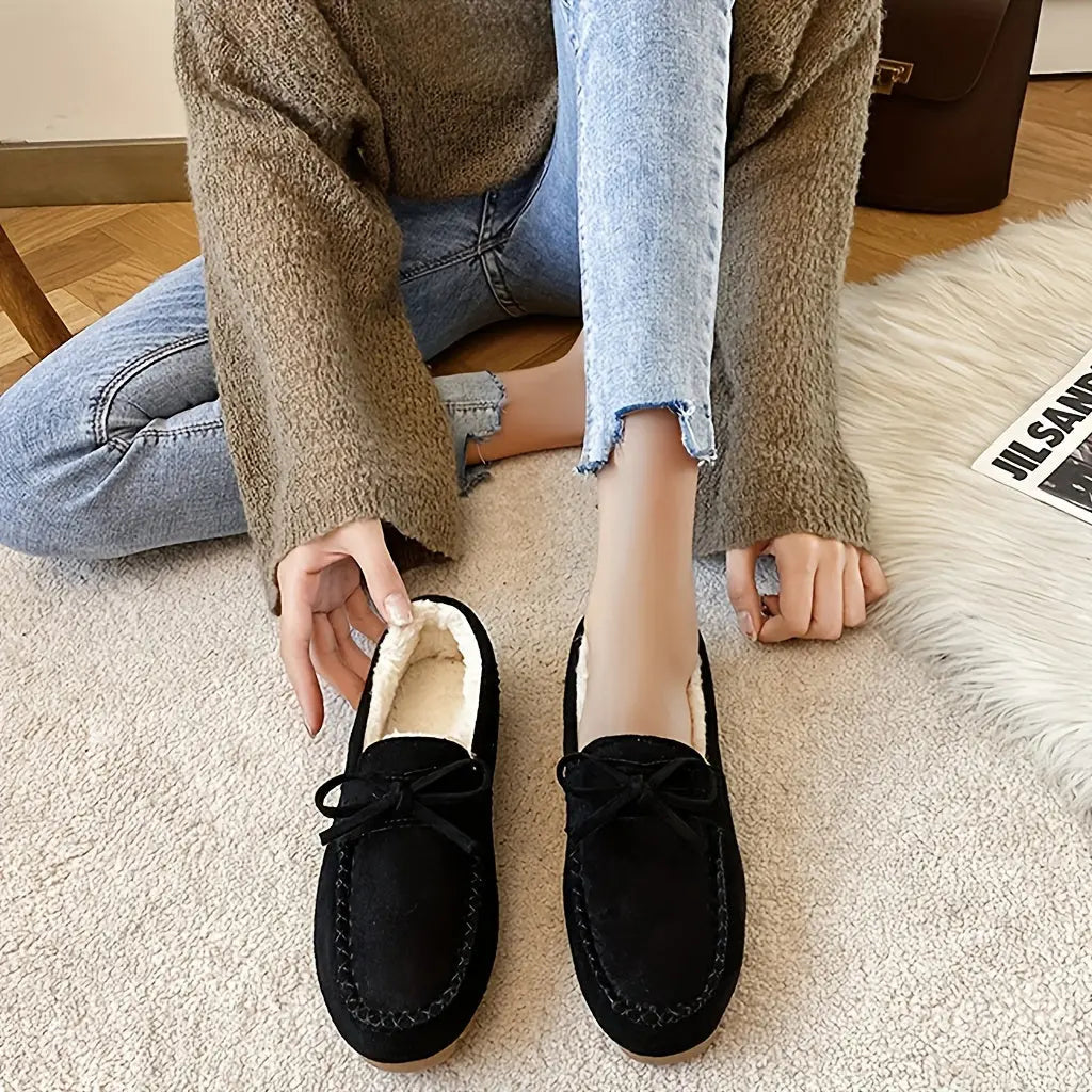 Women's Bowknot Decor Flat Loafers, Casual Slip On Plush Lined Winter Shoes, Women's Comfortable Shoes MyFave Boutique