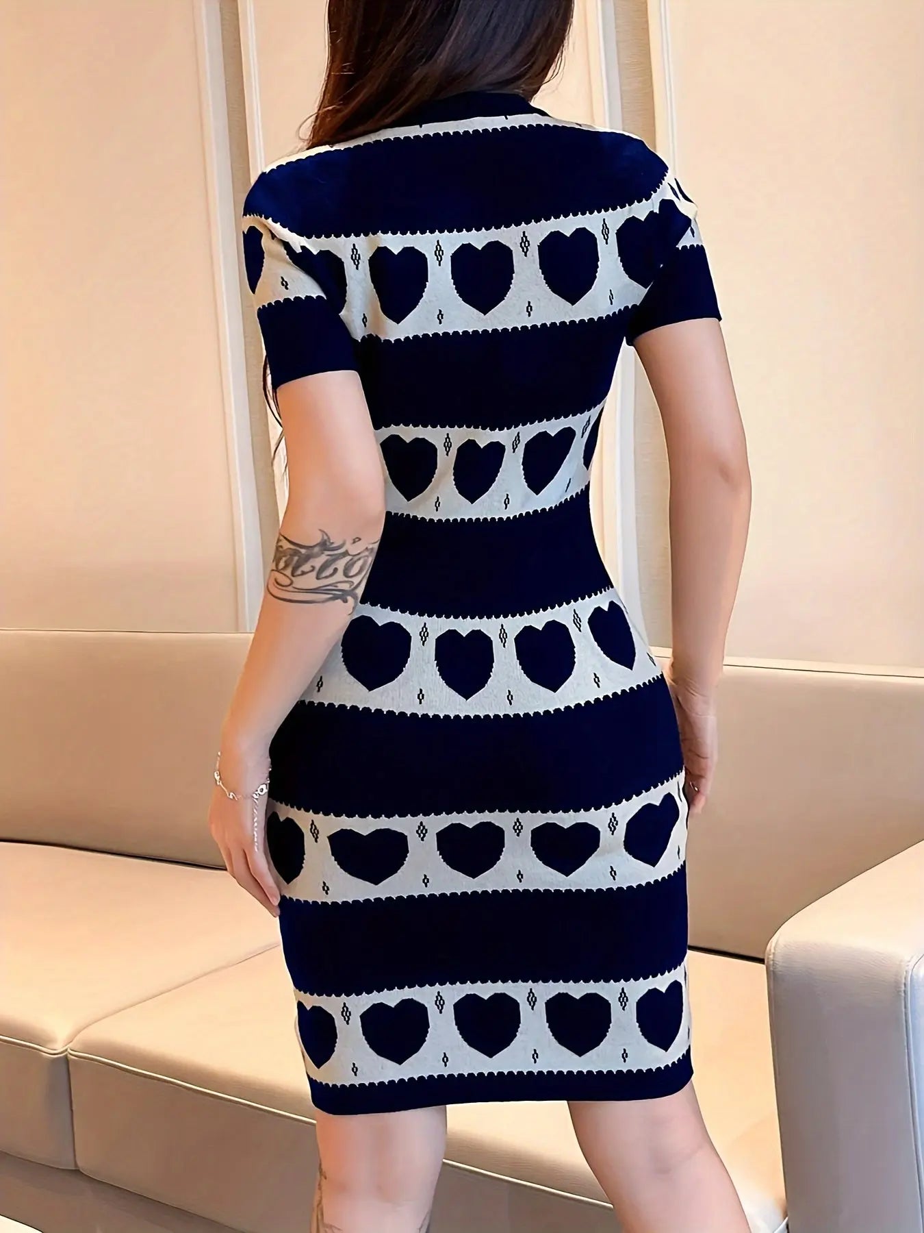 Heart Pattern Knitted Short Sleeve Dress, Casual Crew Neck Color Block Sweater Dress For Spring & Summer, Women's Clothing MyFave Boutique