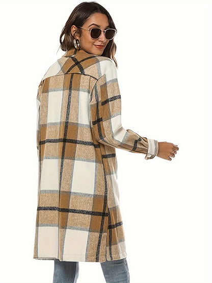 Plaid Print Button Up Shirt Jacket, Casual Turndown Collar Mid Length Outwear With Pocket, Women's Clothing MyFave Boutique