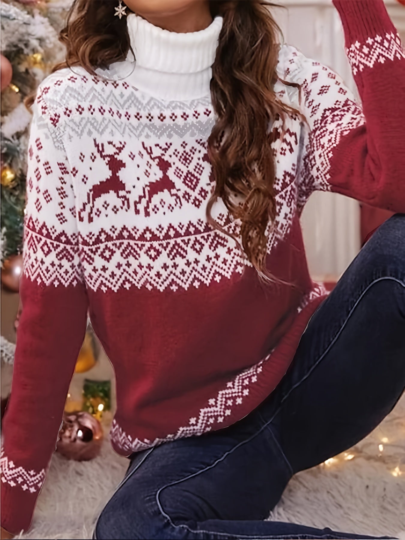 Christmas Turtle Neck Pullover Sweater, Casual Long Sleeve Fall Winter Sweater, Women's Clothing MyFave Boutique