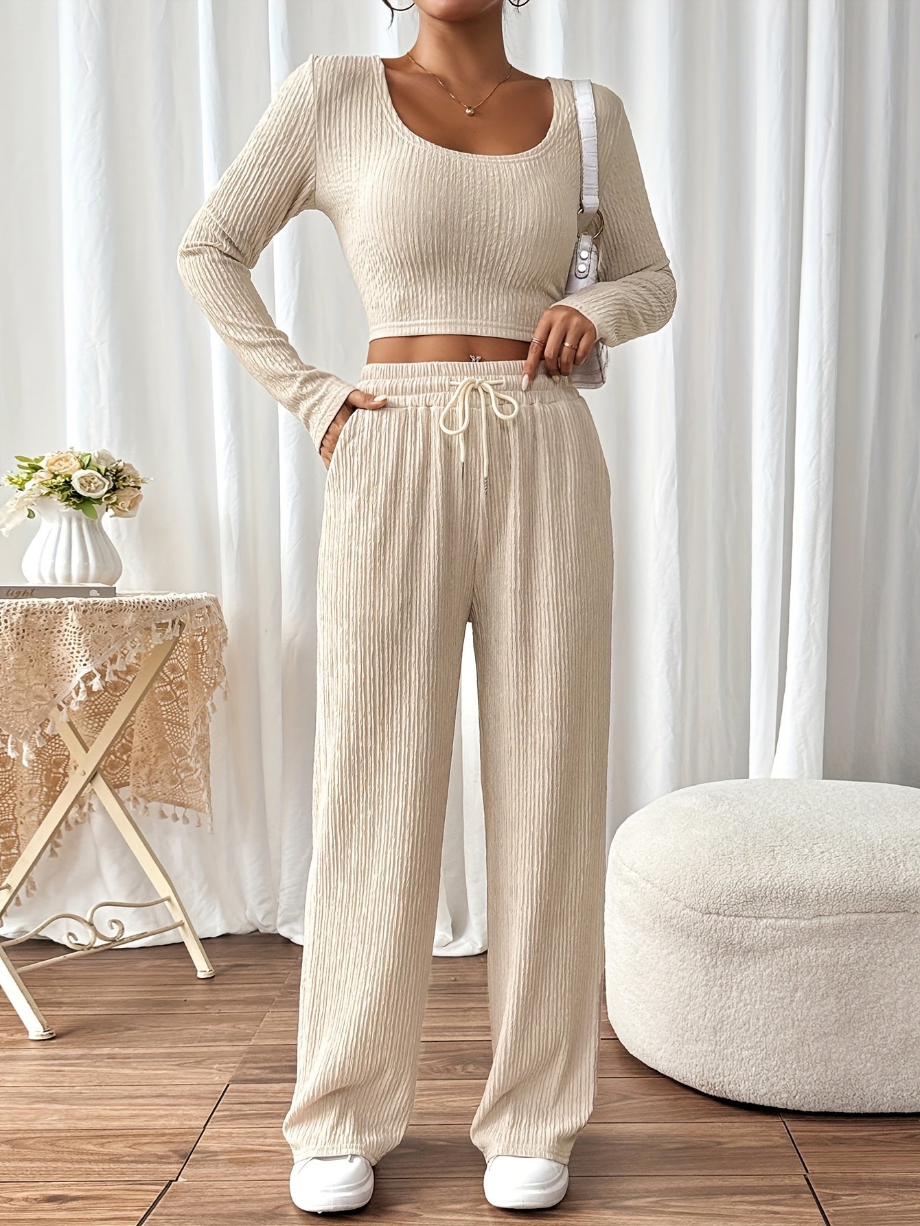 Casual Textured Pants Set, Crew Neck Long Sleeve Crop Top & Drawstring Waist Loose Pants For Spring & Fall, Women's Clothing MyFave Boutique