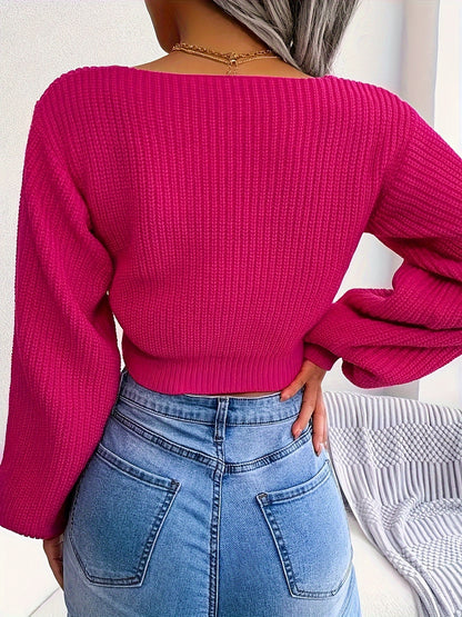 Bow Front V-neck Knitted Sweater, Casual Long Sleeve Crop Pullover Sweater For Spring & Fall, Women's Clothing MyFave Boutique