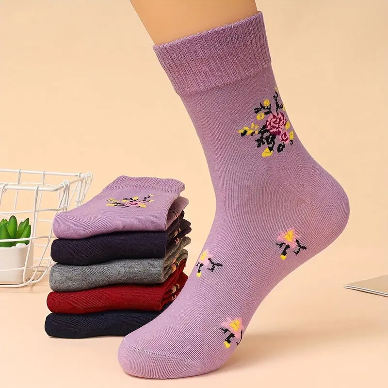 5 Pairs Floral Pattern Crew Socks, Warm Thick All-match Mid Tube Socks For Fall & Winter, Women's Stockings & Hosiery MyFave Boutique