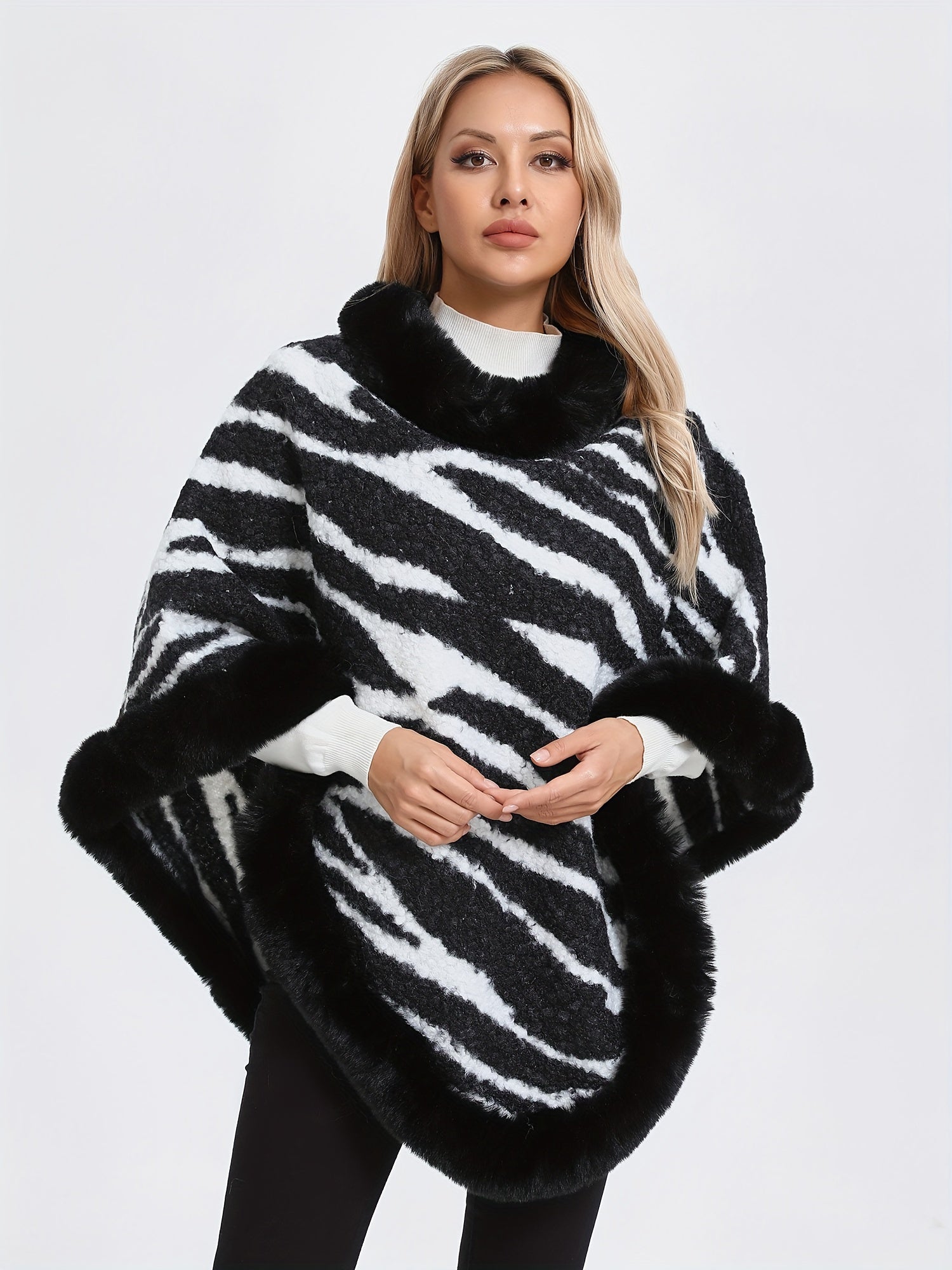 Zebra Stripe Pattern Fuzzy Trim Poncho, Elegant Thermal Hanky Hem Crew Neck Cape For Fall & Winter, Women's Clothing MyFave Boutique