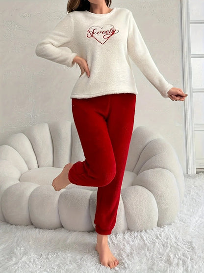 Women's Heart & Letter Embroidery Fleece Thick Casual Pajama Set, Long Sleeve Round Neck Top & Jogger Pants, Comfortable Relaxed Fit For Fall & Winter MyFave Boutique