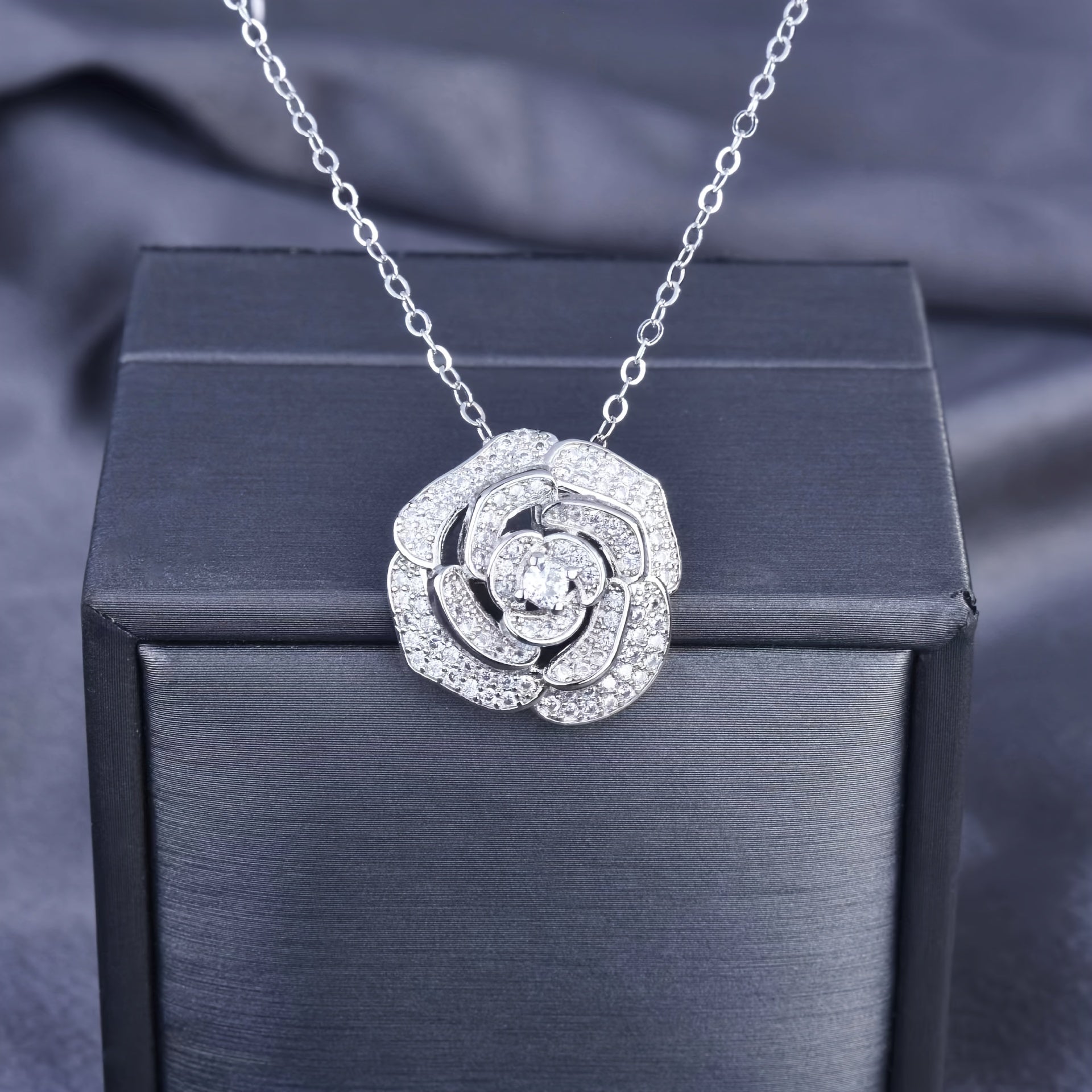 Gorgeous Camellia Glitter Pendant Necklace - Inlaid Zircon, Elegant Floral Design, Hollow Out, Dainty Chain, Neck Jewelry for Women, Perfect for Wedding, Party, Anniversary Gift MyFave Boutique