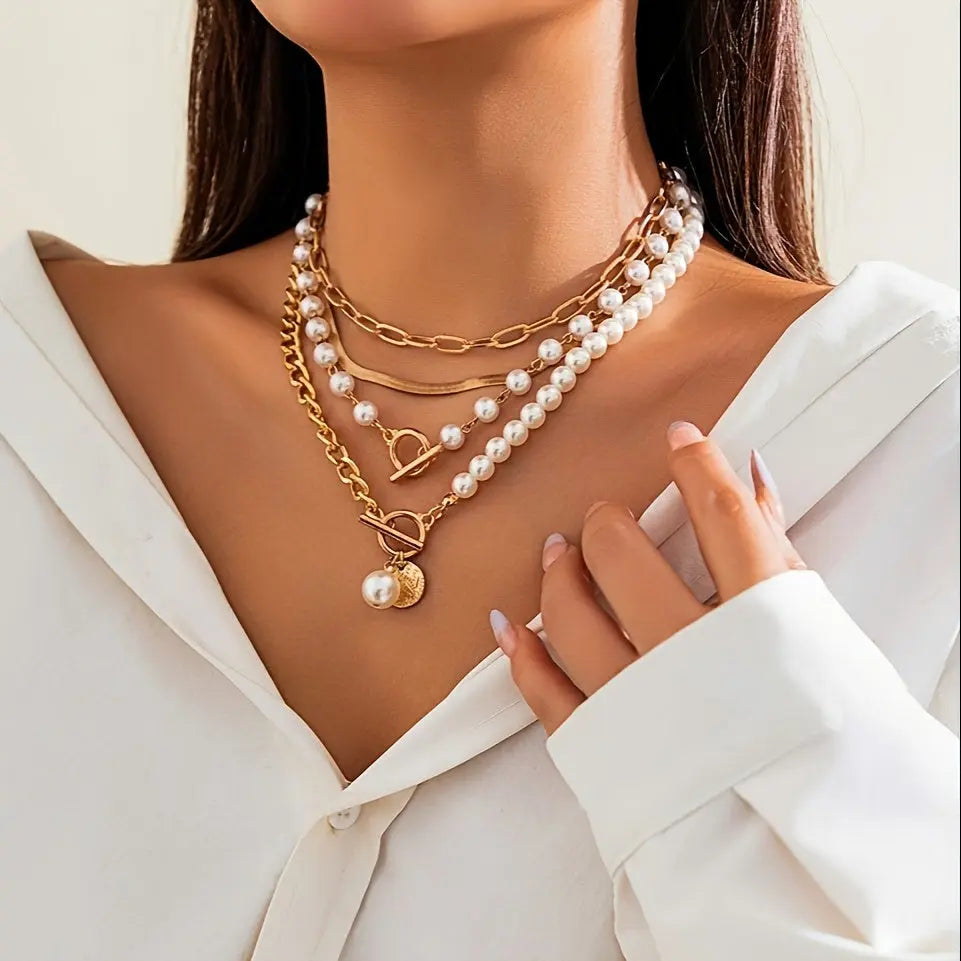 Elegant Set of 4 Pearl Pendant Necklaces | Creative Punk Style Women's Jewelry | Imitation Pearls on an Exquisite Chain | Fashionable Accessory MyFave Boutique