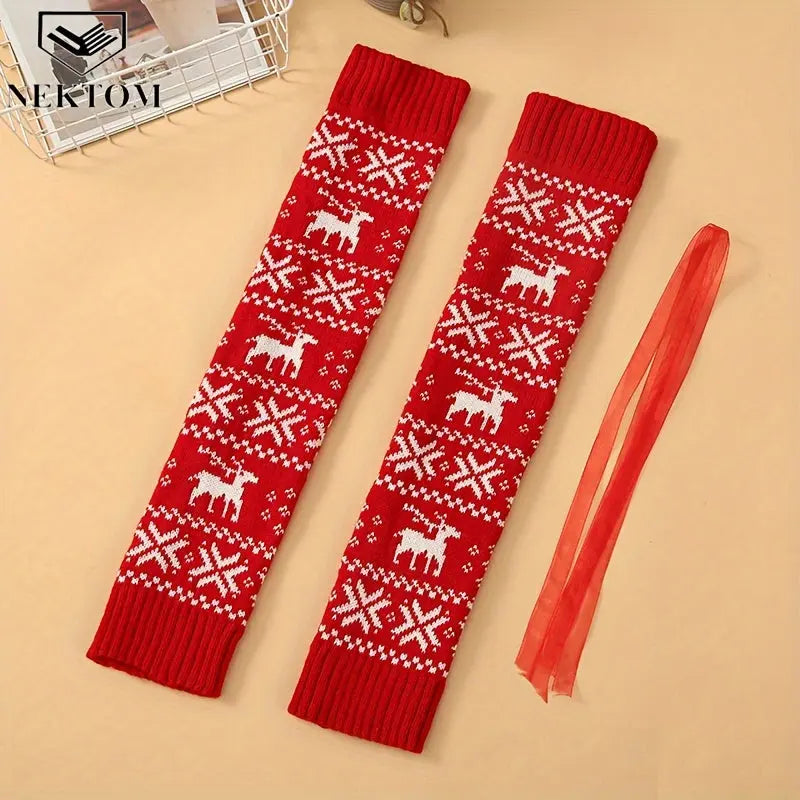 NEKTOM Festive Red Snowflake and Reindeer Knee High Socks with Ribbon Closure - Perfect for Christmas MyFave Boutique