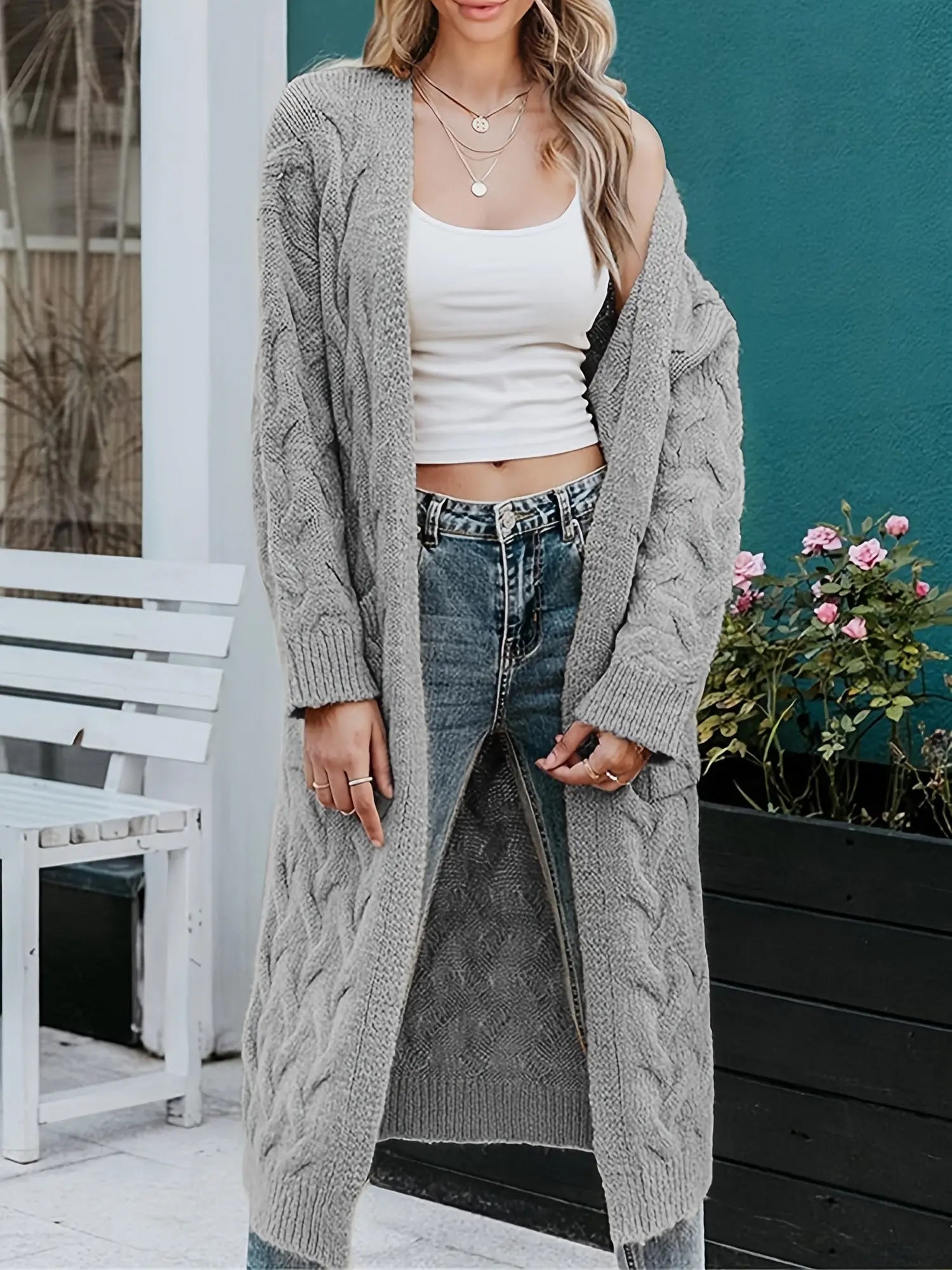 Cable Knit Long Cardigan Coat for Women - Open Front Loose Sweater with Pockets MyFave Boutique