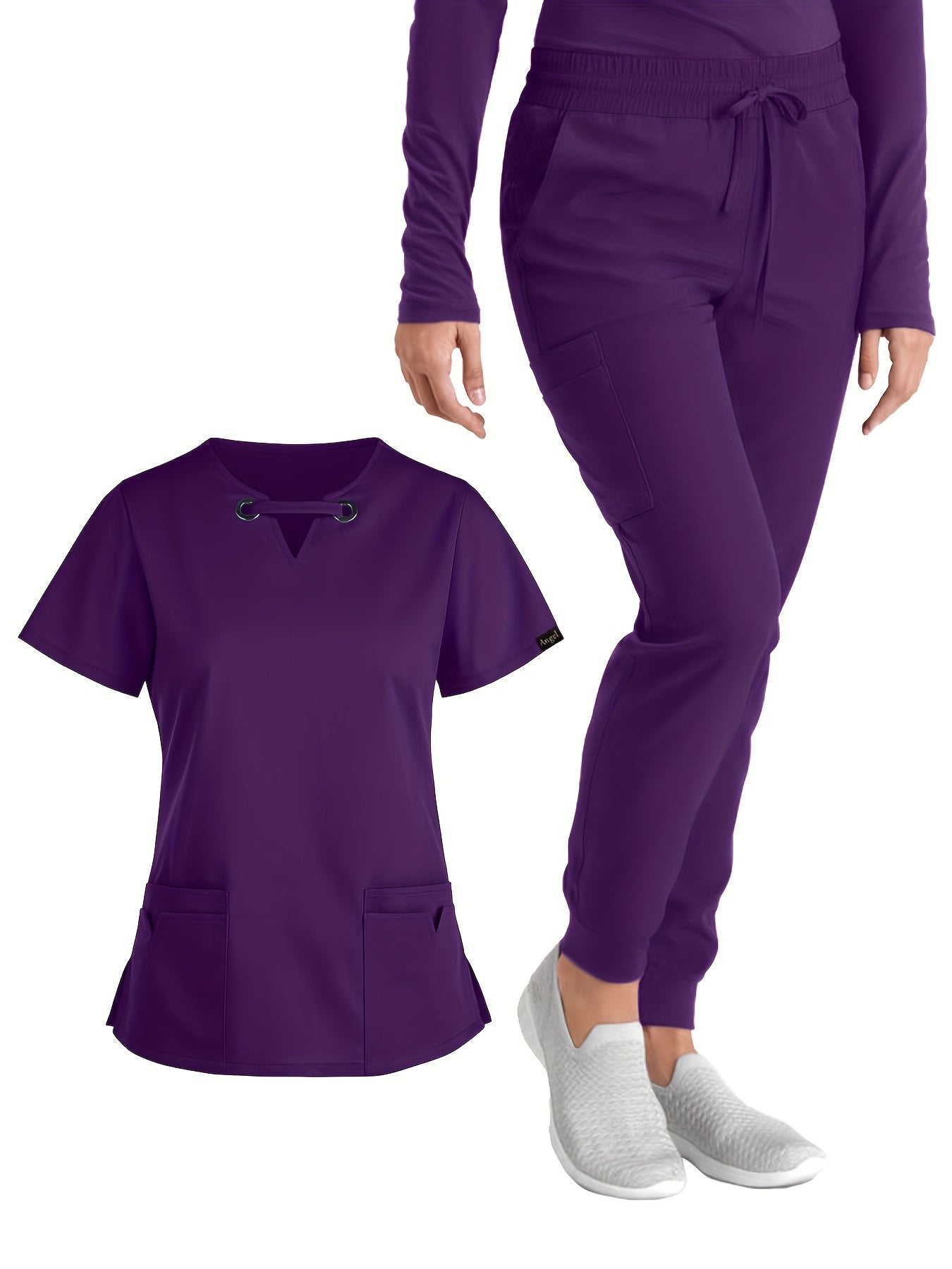 Solid Two-piece Set, Elegant V Neck Short Sleeve Scrub Top & Drawstring Pants Outfit For Medical & Health Care, Women's Clothing MyFave Boutique