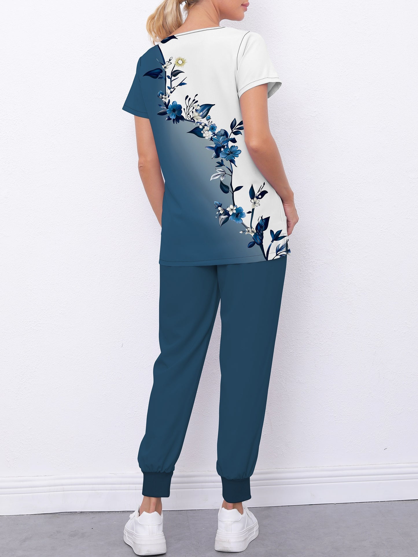 Floral Print Two-piece Scrubs Top, Short Sleeve V Neck Pockets Scrub Top & Jogger Pants Uniform For Hospital, Women's Clothing MyFave Boutique