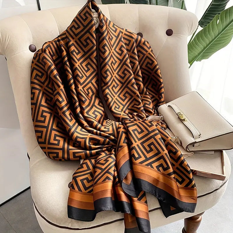 Coffee Color Geometric Pattern Scarf Thin Breathable Shawl Elegant Style Windproof Sunscreen Beach Towel Travel Scarf MyFave Boutique