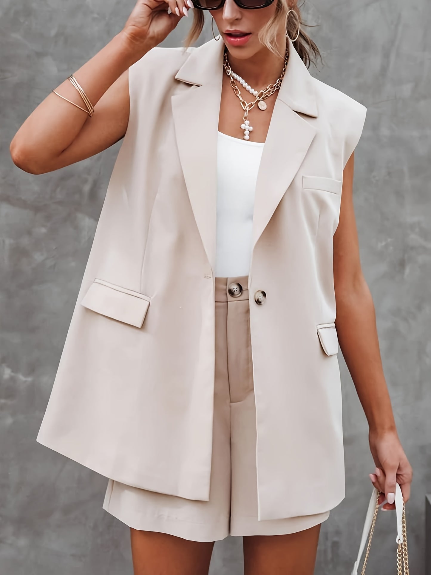 Casual Solid Color Slim Office Two-piece Set, Open Front Lapel Neck Blazer & Skinny High Waist Shorts Outfits, Women's Clothing MyFave Boutique