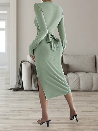 Women's Wear New Round Neck Slim Fit Dress, Long Sleeve Wrap Hip Mid Length Bodycon Dress, Women's Clothing MyFave Boutique