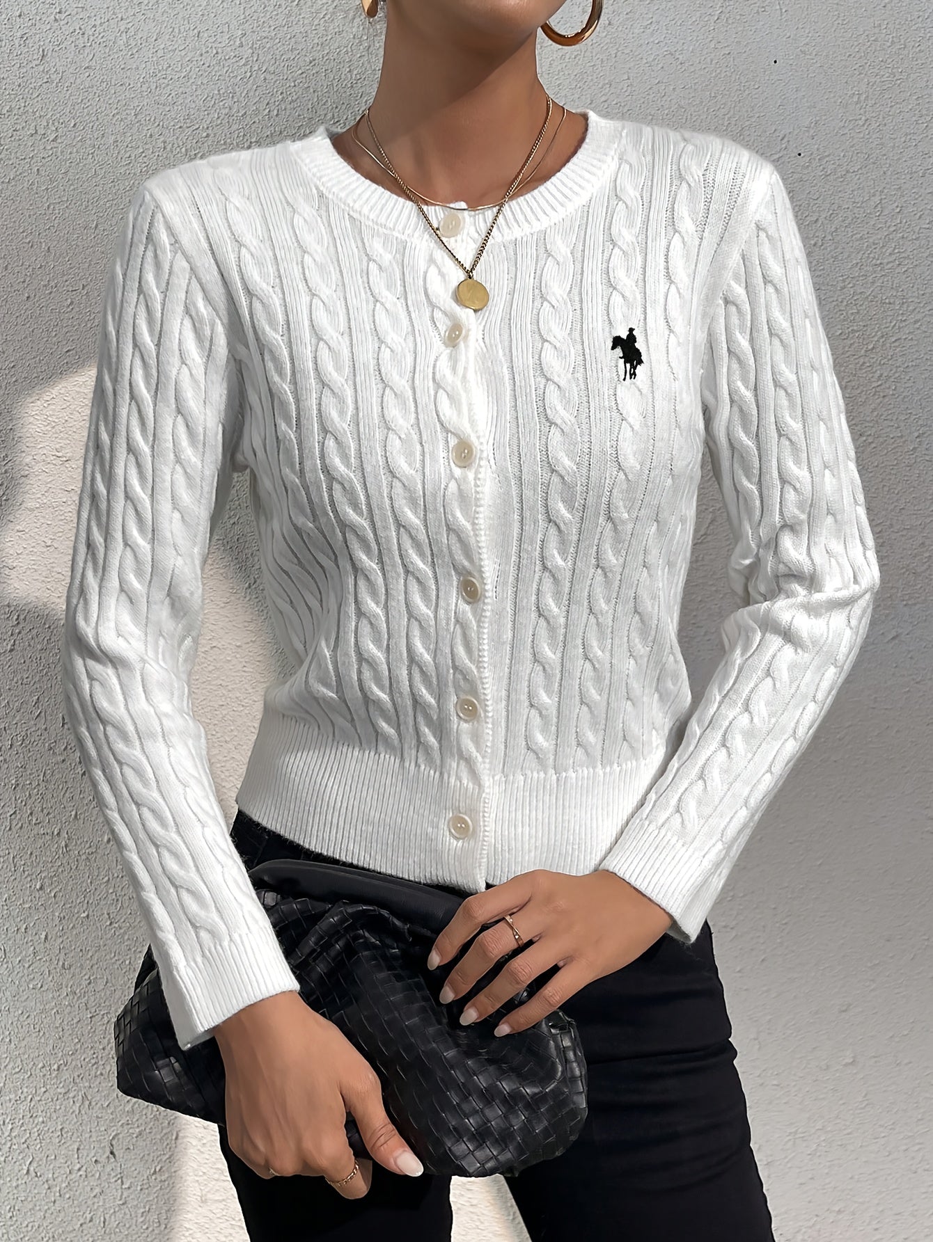 Cable Knit Embroidered Cardigan, Elegant Button Front Slim-Fit Crew Neck Long Sleeve Cardigan For Fall & Winter, Women's Clothing MyFave Boutique