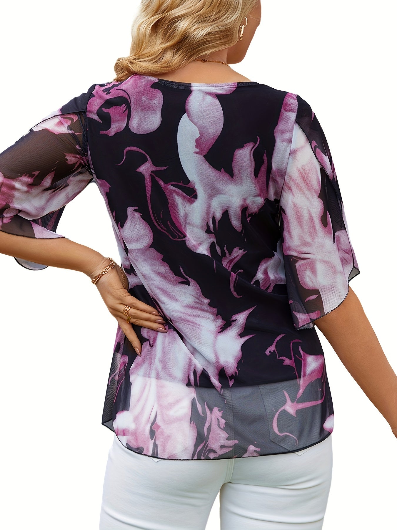 Random Print V Neck Pleated Blouse, Elegant Half Sleeve Loose Daily Wear Blouse, Women's Clothing MyFave Boutique