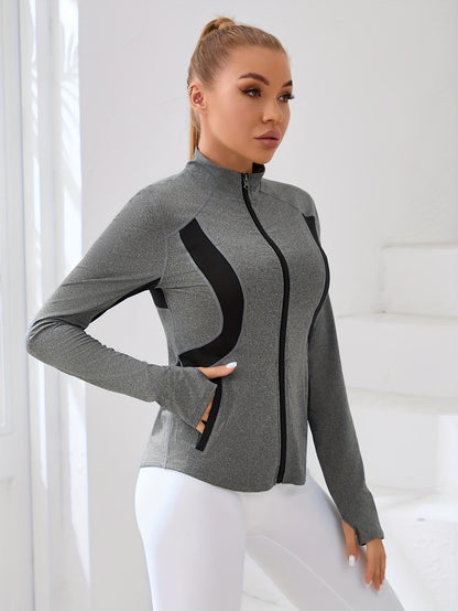 Lightweight Sports Jacket With Long Sleeves, Thumb Holes, Breathable, Sun Protection, Suitable For Outdoor Activities Such As Yoga, Leisure, Running, Climbing, With Zipper And Small High Collar MyFave Boutique