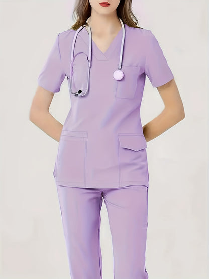 Comfortable & Functional Matching Two-piece Set, Pockets V-neck Top & Solid Pants Health Care Uniform, Women's Clothing MyFave Boutique