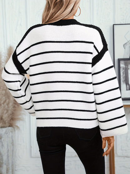 Striped Color Block Crew Neck Sweater, Casual Long Sleeve Sweater For Fall & Winter, Women's Clothing MyFave Boutique