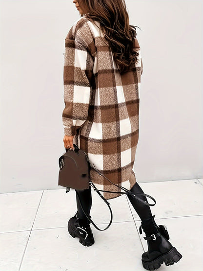 Plaid Print Button Front Long Shirt Jacket, Casual Turndown Collar Long Length Outwear For Spring & Fall, Women's Clothing MyFave Boutique