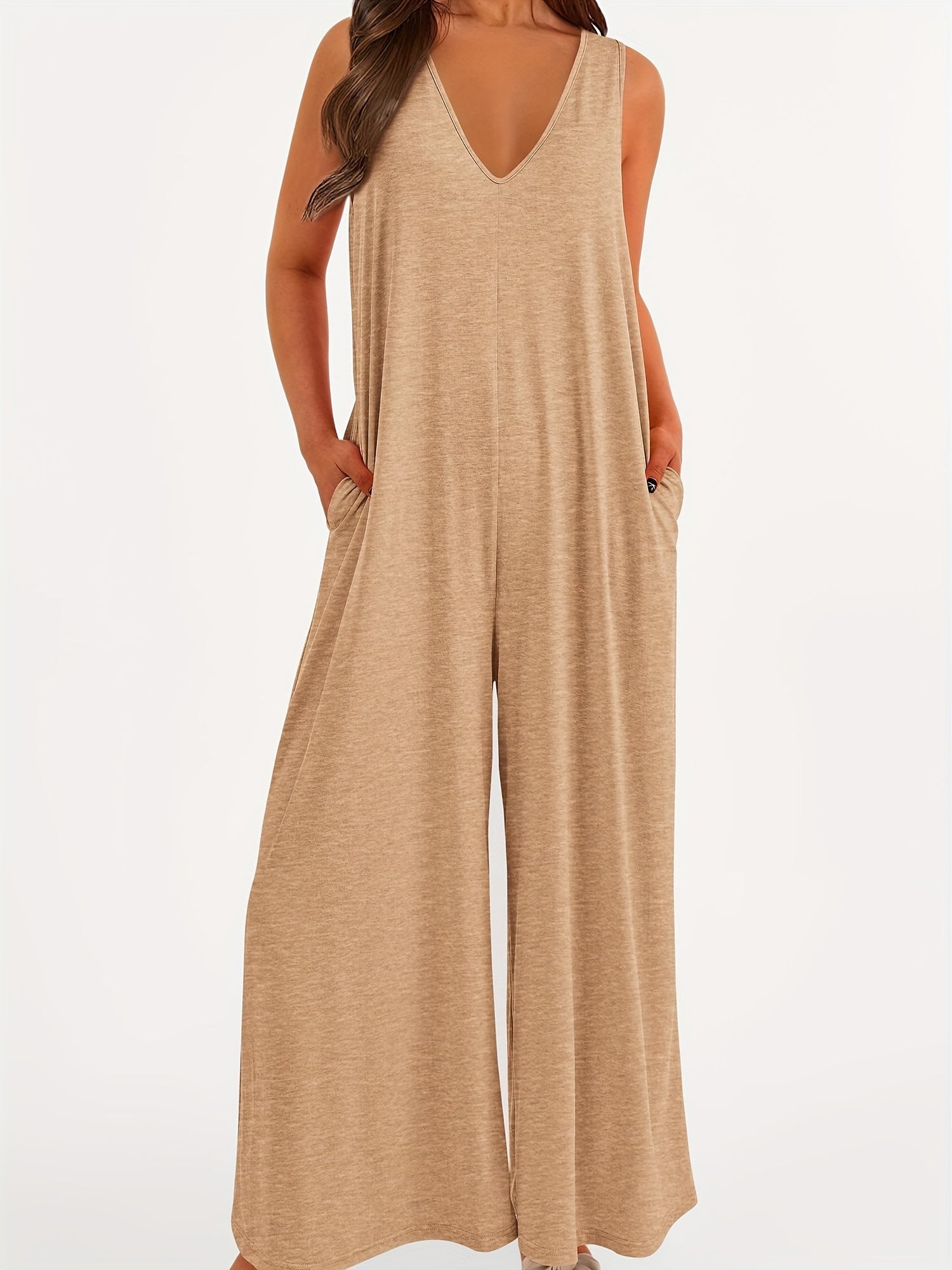 Solid Color Wide Leg Jumpsuit, Casual V Neck Sleeveless Loose Jumpsuit With Pocket, Women's Clothing MyFave Boutique