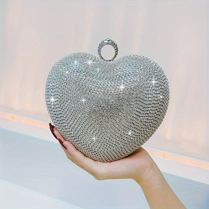 Sparkling Rhinestone Heart Evening Bag, Elegant Shiny Dinner Clutch Purse MyFave Boutique