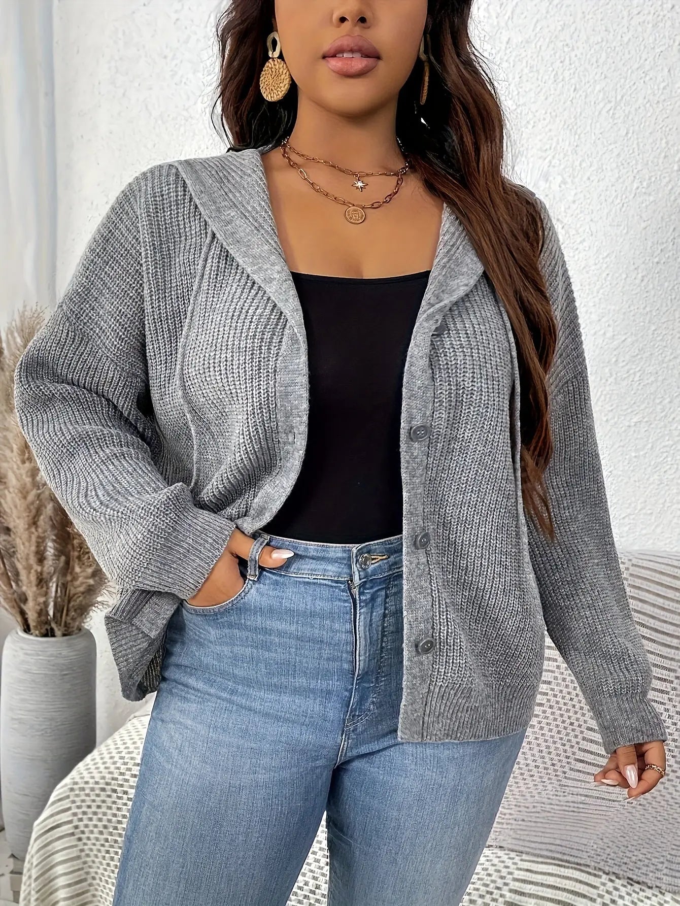 Plus Size Hooded Knitted Cardigan, Casual Button Front Long Sleeve Cardigan For Fall & Winter, Women's Plus Size Clothing MyFave Boutique