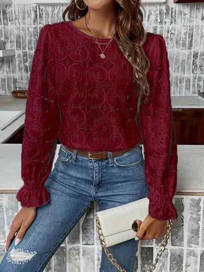 Lace Trim Crew Neck Long Sleeve T-Shirt for Women, Casual Spring/Fall Tops MyFave Boutique