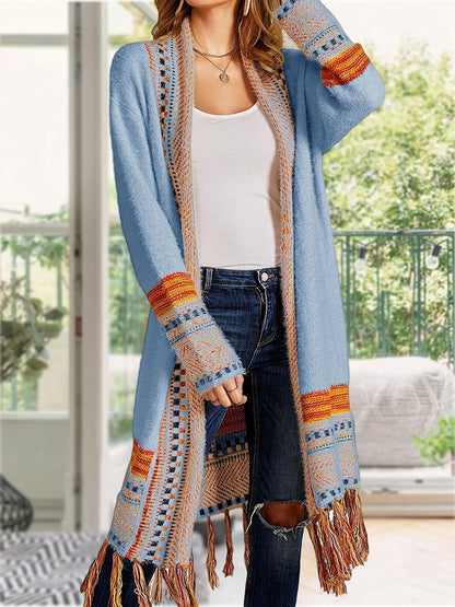 Women's Striped Pattern Fringe Hem Cardigan - Elegant Open Front Long Sleeve Cardigan for Spring & Fall MyFave Boutique