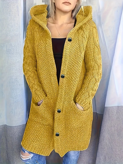 Solid Button-Front Hooded Cardigan with Pockets, Long Sleeve Fall & Winter Women's Clothing MyFave Boutique