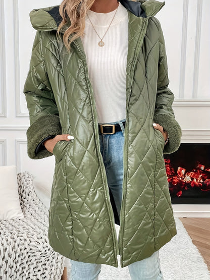 Zip-up Hoodie Longline Quilted Puffy Coat, Casual Long Sleeve Insulated Coat For Winter, Women's Clothing MyFave Boutique