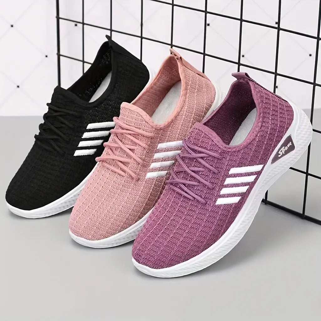 Women's Striped Pattern Lace-Up Casual Sneakers, Lightweight Low Top Athletic Shoes MyFave Boutique