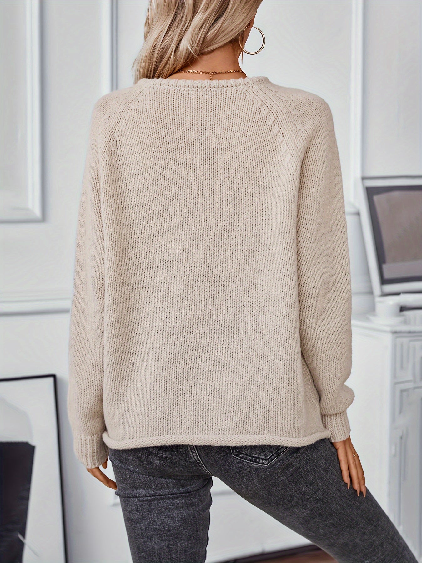 Raglan Sleeve Crew Neck Sweater, Casual Solid Color Long Sleeve Sweater For Fall & Winter, Women's Clothing MyFave Boutique