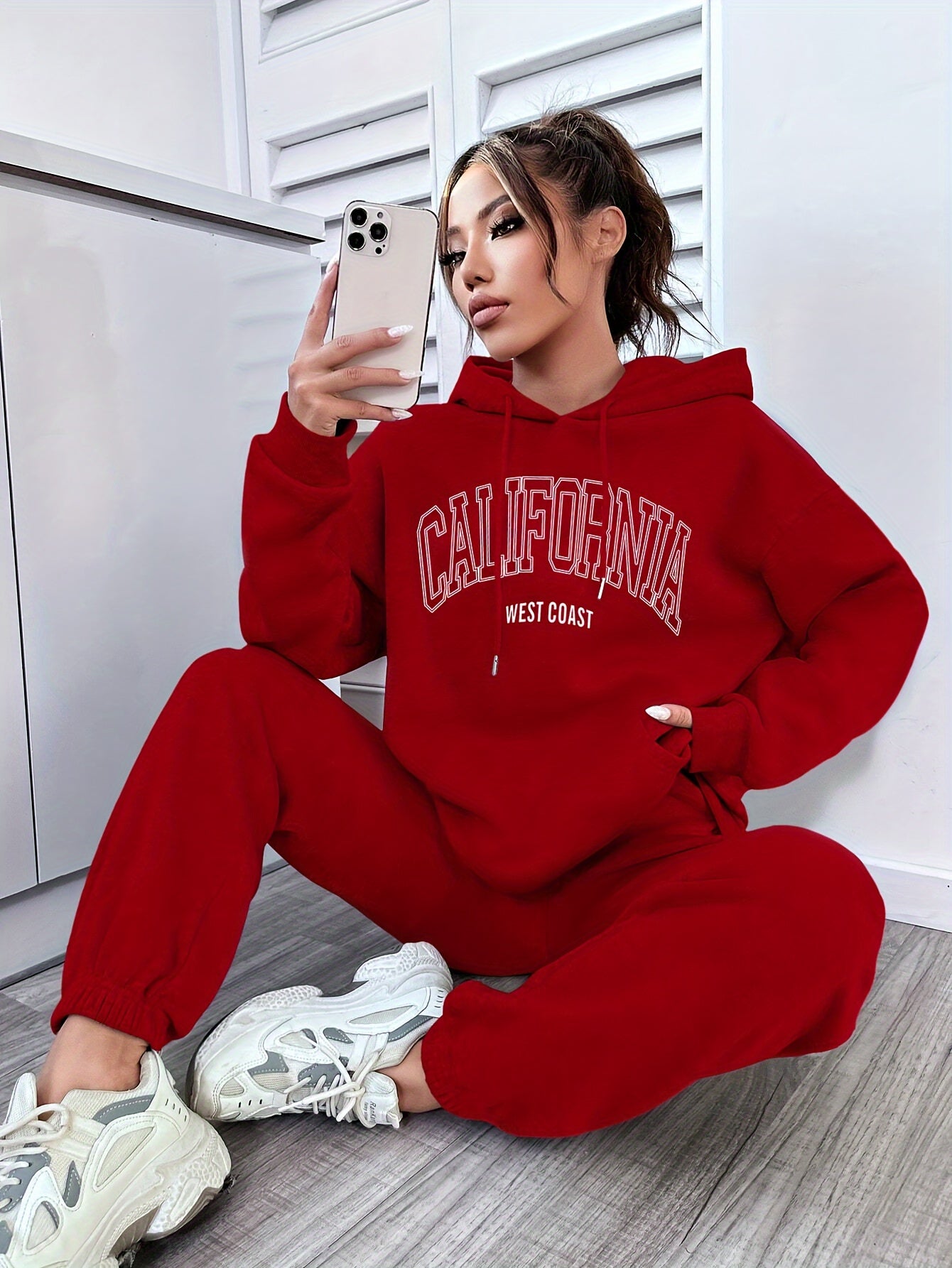 Women's Letter Print Sporty Lounge Set, Long Sleeve Hooded Sweatshirt With Kangaroo Pockets & Jogger Pants, Comfortable Relaxed Fit For Fall & Winter MyFave Boutique