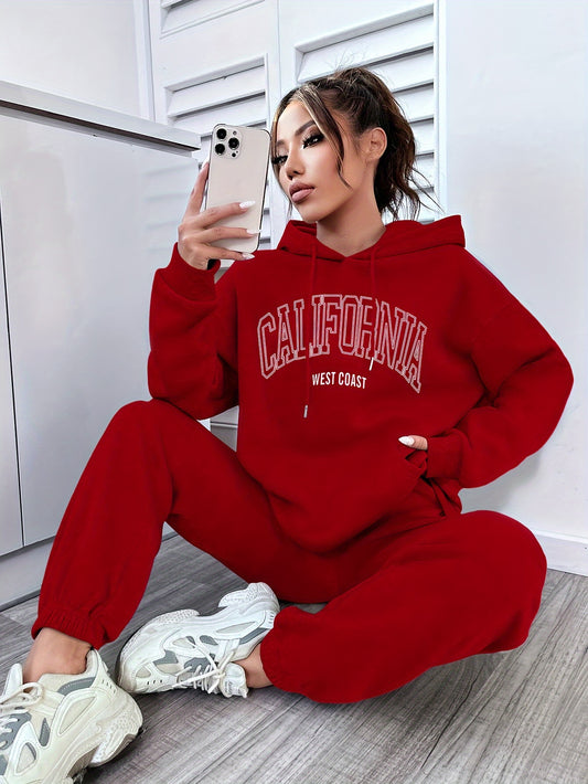 Women's Letter Print Sporty Lounge Set, Long Sleeve Hooded Sweatshirt With Kangaroo Pockets & Jogger Pants, Comfortable Relaxed Fit For Fall & Winter MyFave Boutique