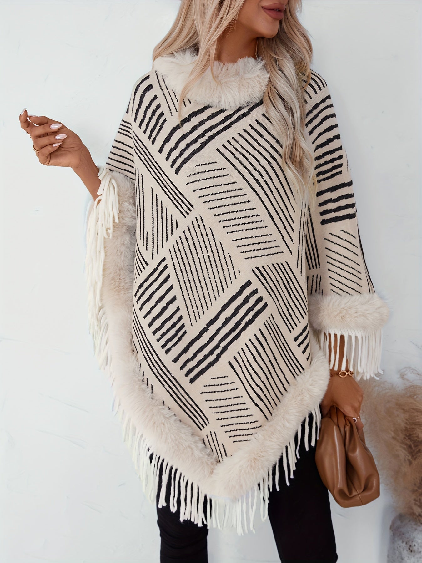 Stripe Pattern Fringe Hem Fuzzy Trim Poncho, Elegant Thermal Hanky Hem Crew Neck Cape For Fall & Winter, Women's Clothing MyFave Boutique