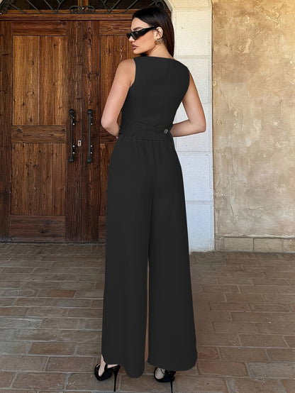 Elegant Solid Color Pants Set, Single Breasted Slim Vest & High Waist Wide Leg Loose Pants For Office & Work, Women's Clothing MyFave Boutique