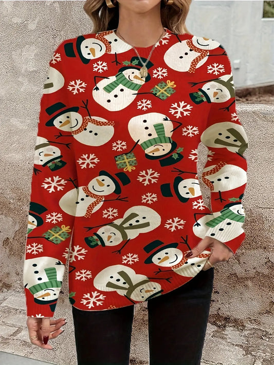 Elegant Crew Neck Snowman Print Long Sleeve Sweater - Women's Fall/Winter Knitted Pullover, Polyester Blend with Acrylic & Nylon, Christmas Pattern MyFave Boutique