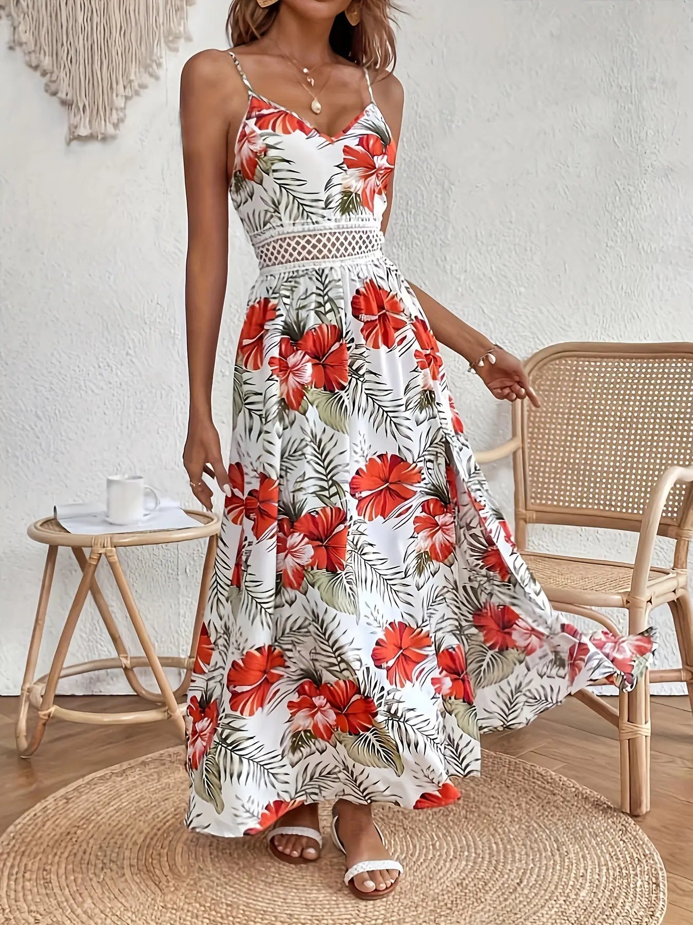 Elegant V Neck Sleeveless Cami Dress,Maxi Dress with Contrast Lace Floral Print and Split Hem for Spring & Summer - Women's Clothing MyFave Boutique