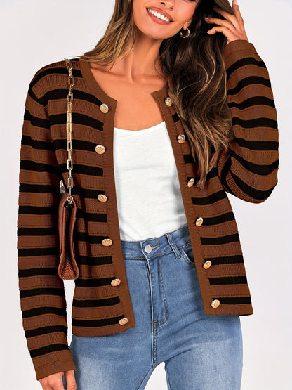 Striped Button Front Knit Cardigan, Elegant Crew Neck Long Sleeve Cardigan For Spring & Fall, Women's Clothing MyFave Boutique