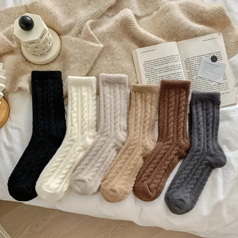 3/6 Pairs Textured Fuzzy Socks, Simple & Warm Thickened Mid Tube Socks, Women's Stockings & Hosiery MyFave Boutique