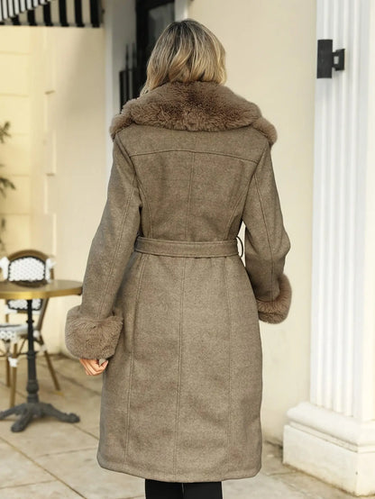 Zip-up Faux Trim Longline Coat, Elegant Long Sleeve Belted Warm Coat For Winter, Women's Clothing MyFave Boutique