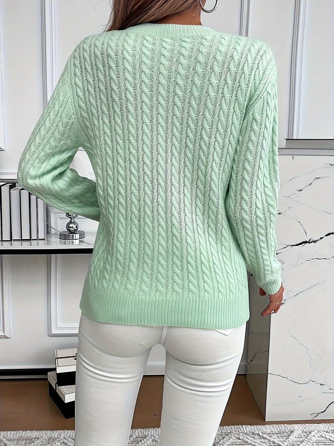 Cable Knit Crew Neck Sweater, Casual Solid Color Long Sleeve Sweater For Fall & Winter, Women's Clothing MyFave Boutique